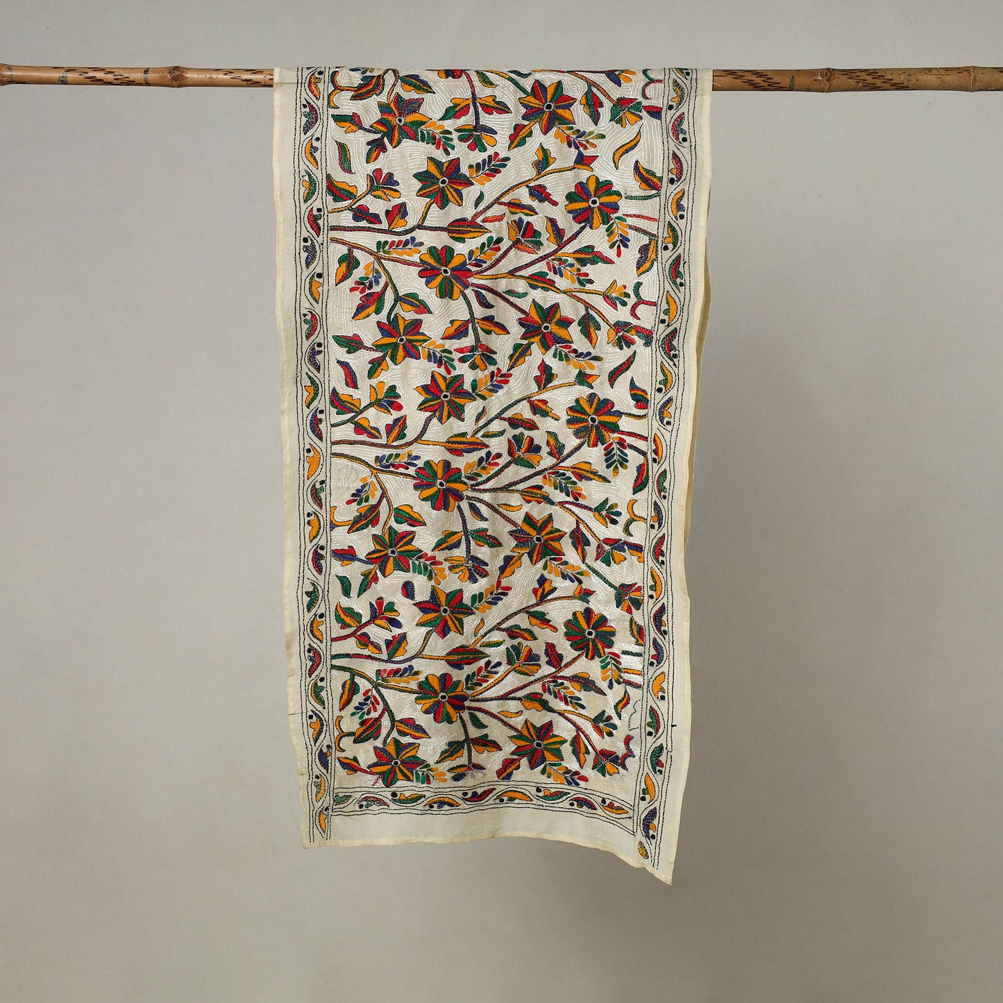 White - Bengal Kantha Embroidery Handloom Tussar Silk Stole 12