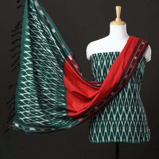 Green - 3pc Pochampally Ikat Weave Handloom Cotton Suit Material Set 06