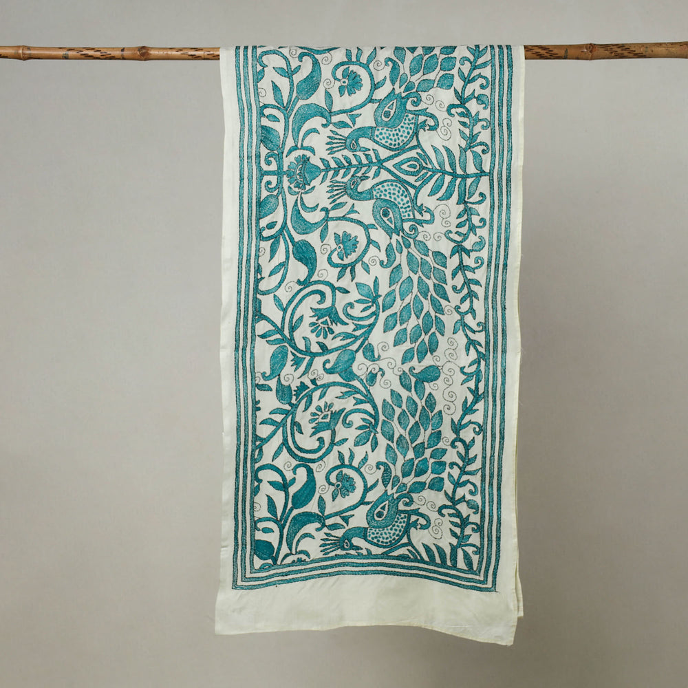 Green - Bengal Kantha Embroidery Handloom Tussar Silk Stole 13