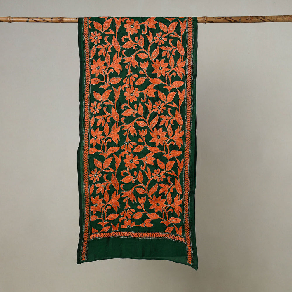 Orange - Bengal Kantha Embroidery Handloom Tussar Silk Stole 14