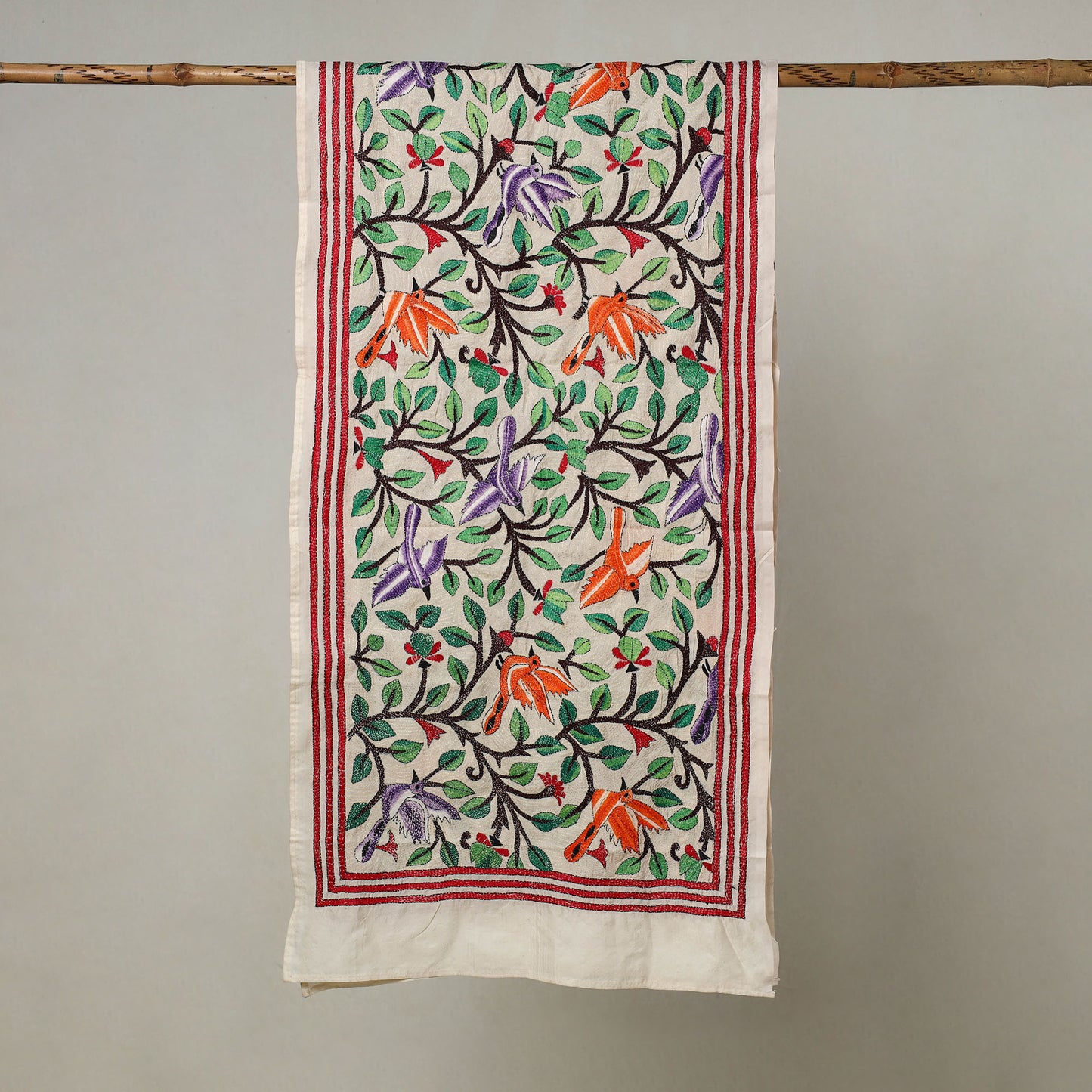 White - Bengal Kantha Embroidery Handloom Tussar Silk Stole 15