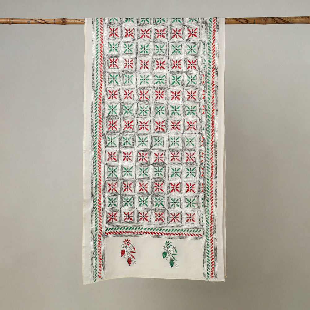 White - Bengal Kantha Embroidery Handloom Tussar Silk Stole 18