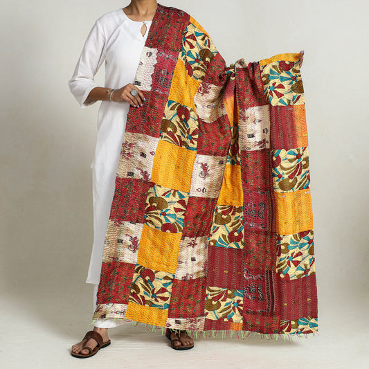 Multicolor - Bengal Kantha Embroidery Patchwork Reversible Silk Dupatta