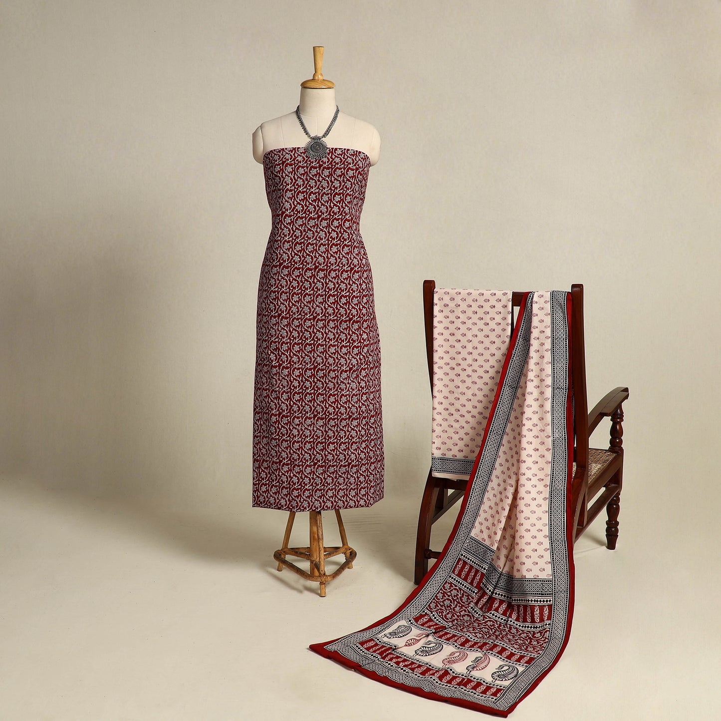 Red 3pc Bagh Print Cotton Dress Material Set