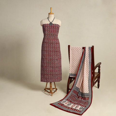Red 3pc Bagh Print Cotton Dress Material Set
