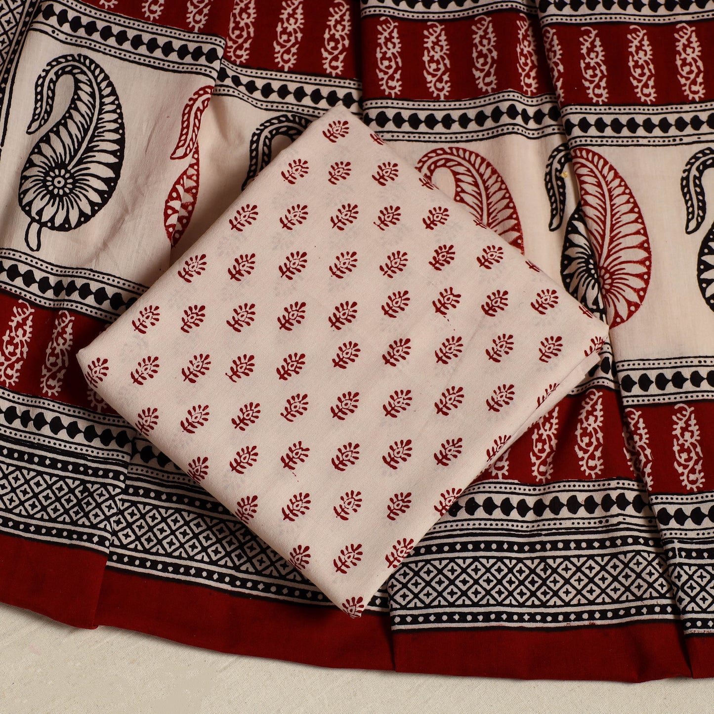 Red 3pc Bagh Print Cotton Dress Material Set