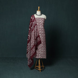 Maroon - Kutch Hand Block Batik Print Cotton 3pc Unstitched Dress Material Suit Set 04