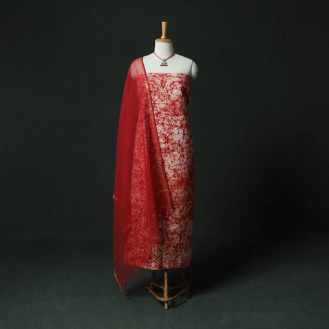 Hand Embroidered Batik Block Print Cotton 2pc Unstitched Dress Material Kurta Set with Jewellery 09