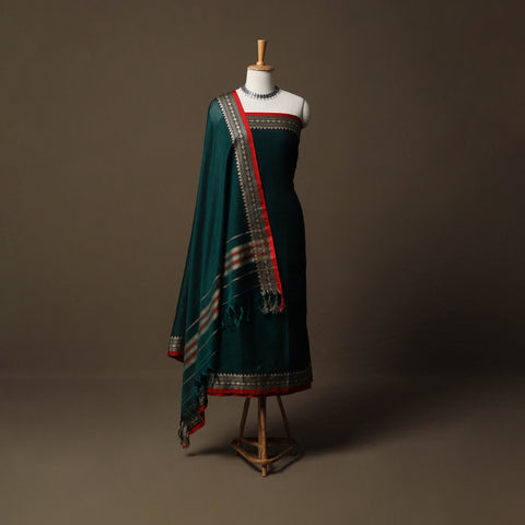 Green - Dharwad Mercerised Cotton 3pc Unstitched Dress Material Suit Set with Woven Border 38