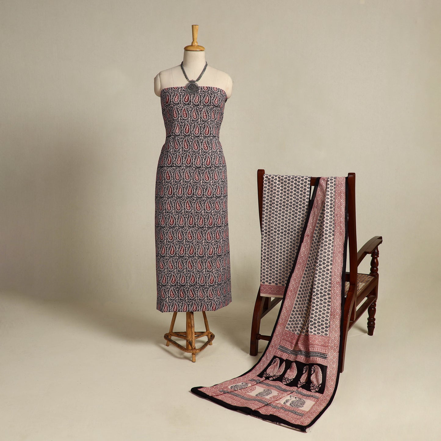 Black 3pc Bagh Print Cotton Dress Material Set