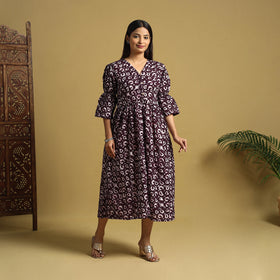 Purple Cotton Button Down Hand Batik Print Dress