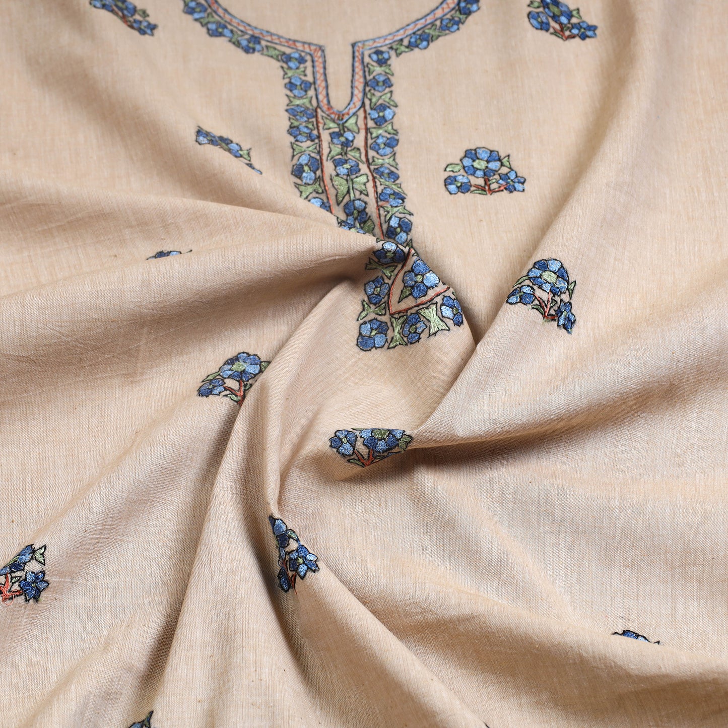 Beige - Kashida Hand Embroidery Cotton Kurta Material (2.5m) 34