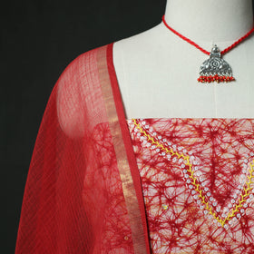 Red - Hand Embroidered Batik Block Print Cotton 2pc Unstitched Dress Material Kurta Set with Jewellery 09