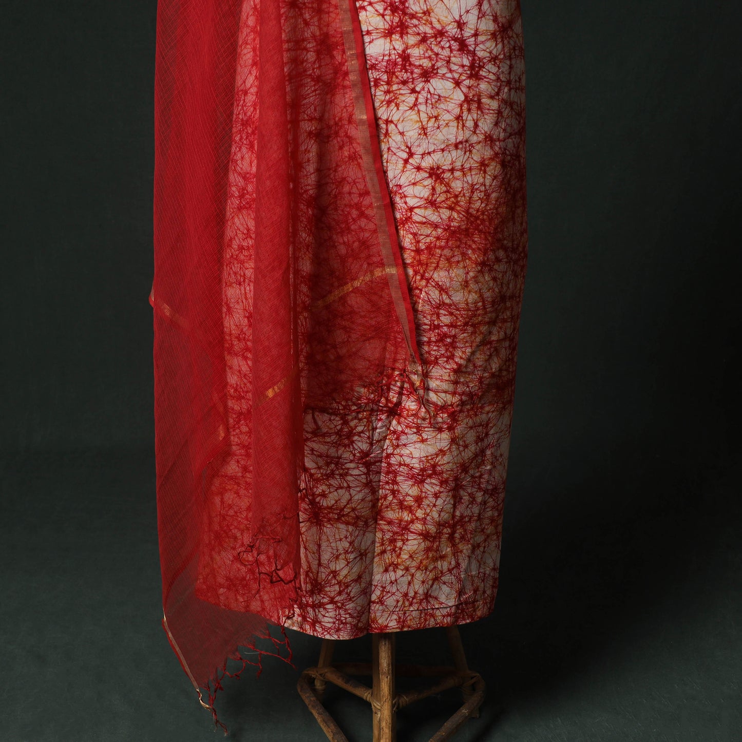 Red - Hand Embroidered Batik Block Print Cotton 2pc Unstitched Dress Material Kurta Set with Jewellery 09