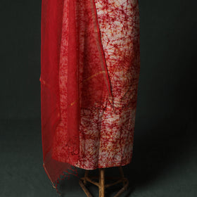 Red - Hand Embroidered Batik Block Print Cotton 2pc Unstitched Dress Material Kurta Set with Jewellery 09