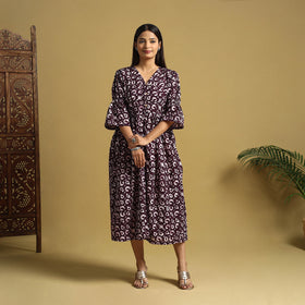 Purple Cotton Button Down Hand Batik Print Dress