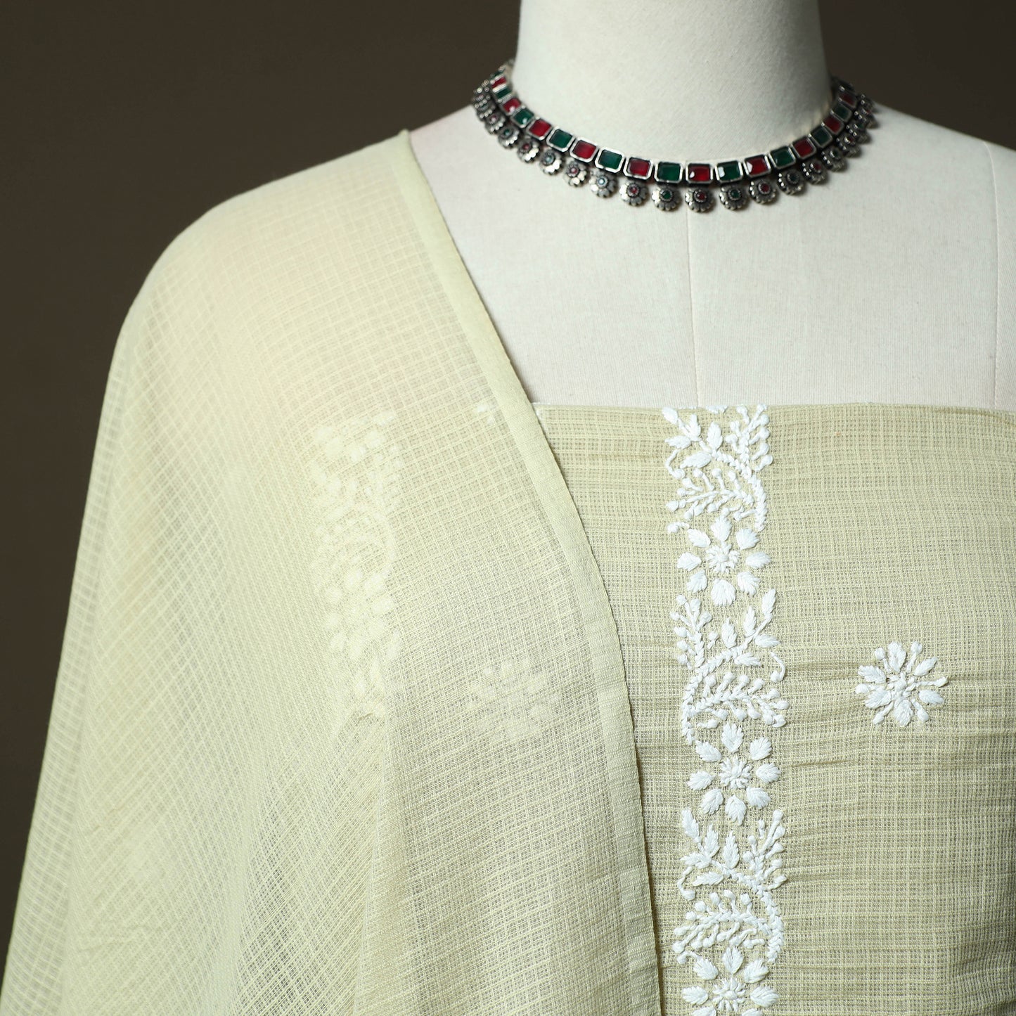 Lucknowi Hand Embroidered Kota Doria Cotton Chikankari 2pc Unstitched Dress Material 135