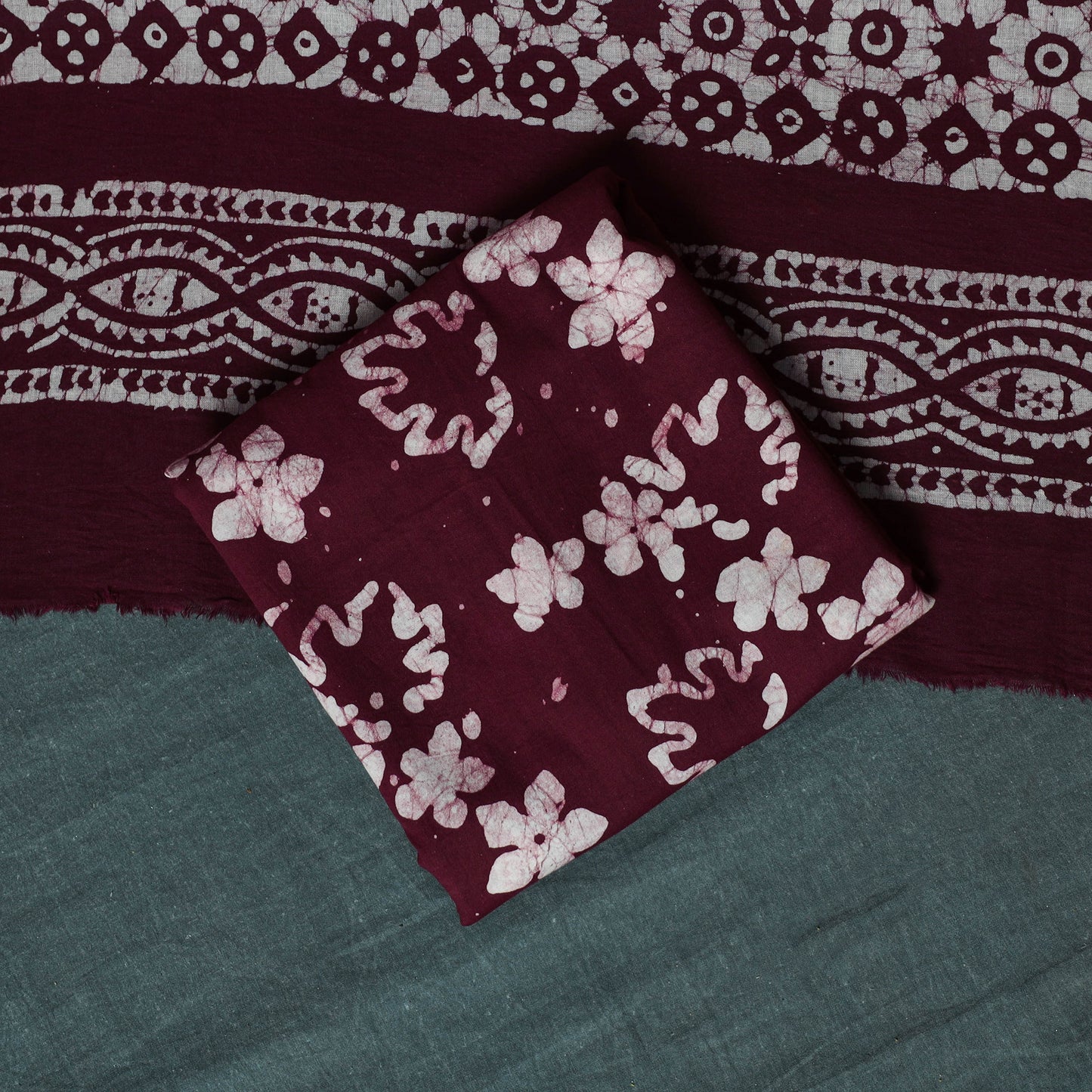 Kutch Hand Block Batik Print Cotton 3pc Unstitched Dress Material Suit Set 04