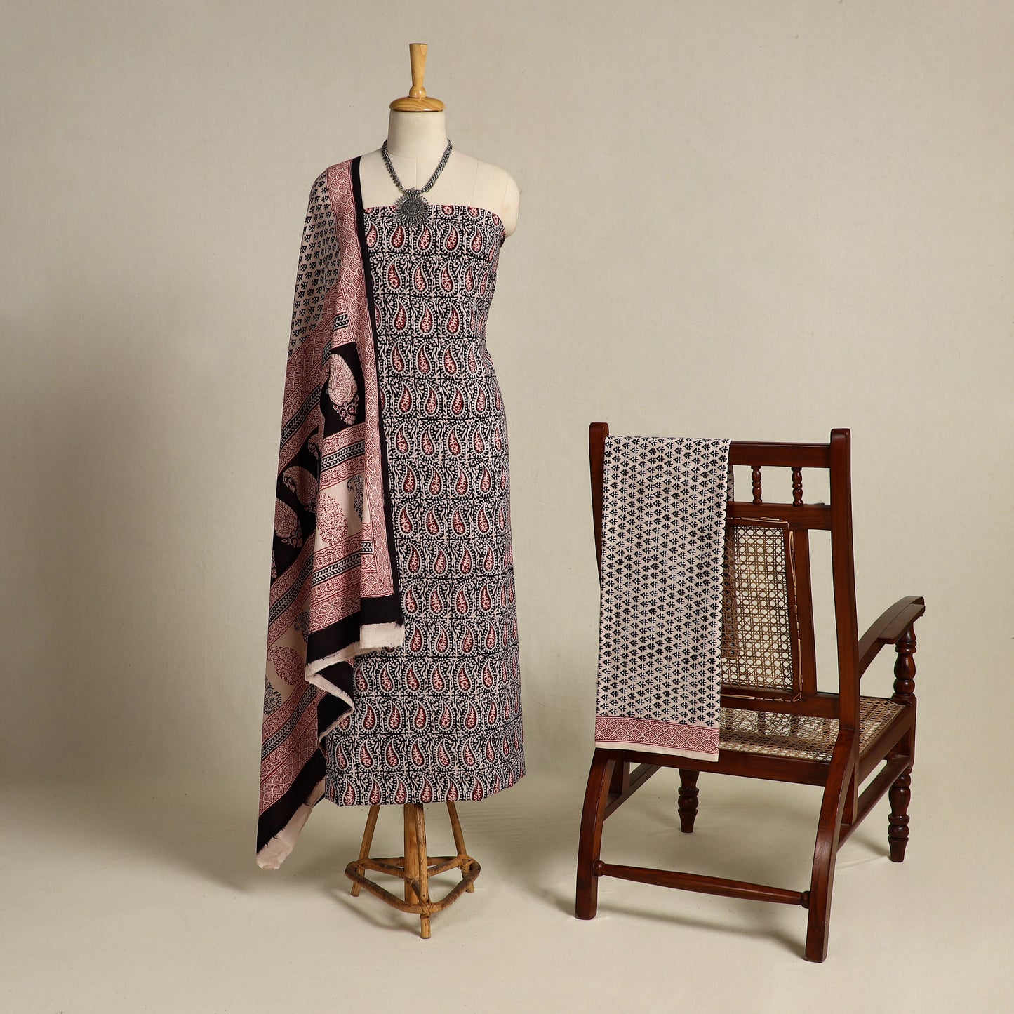 Black 3pc Bagh Print Cotton Dress Material Set