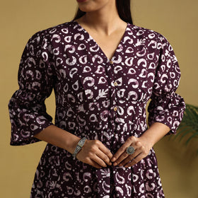 Purple Cotton Button Down Hand Batik Print Dress