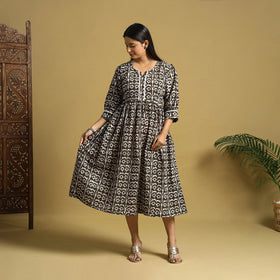Brown Cotton Flared Hand Batik Print Dress