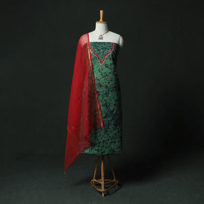 Green - Hand Embroidered Batik Block Print Cotton 2pc Unstitched Dress Material Kurta Set with Jewellery 01