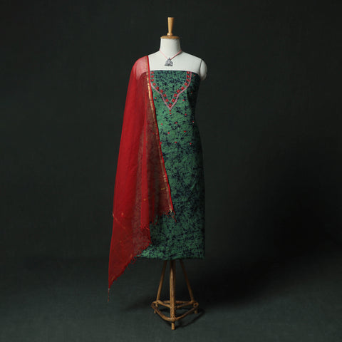 Green - Hand Embroidered Batik Block Print Cotton 2pc Unstitched Dress Material Kurta Set with Jewellery 01