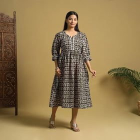 Brown Cotton Flared Hand Batik Print Dress
