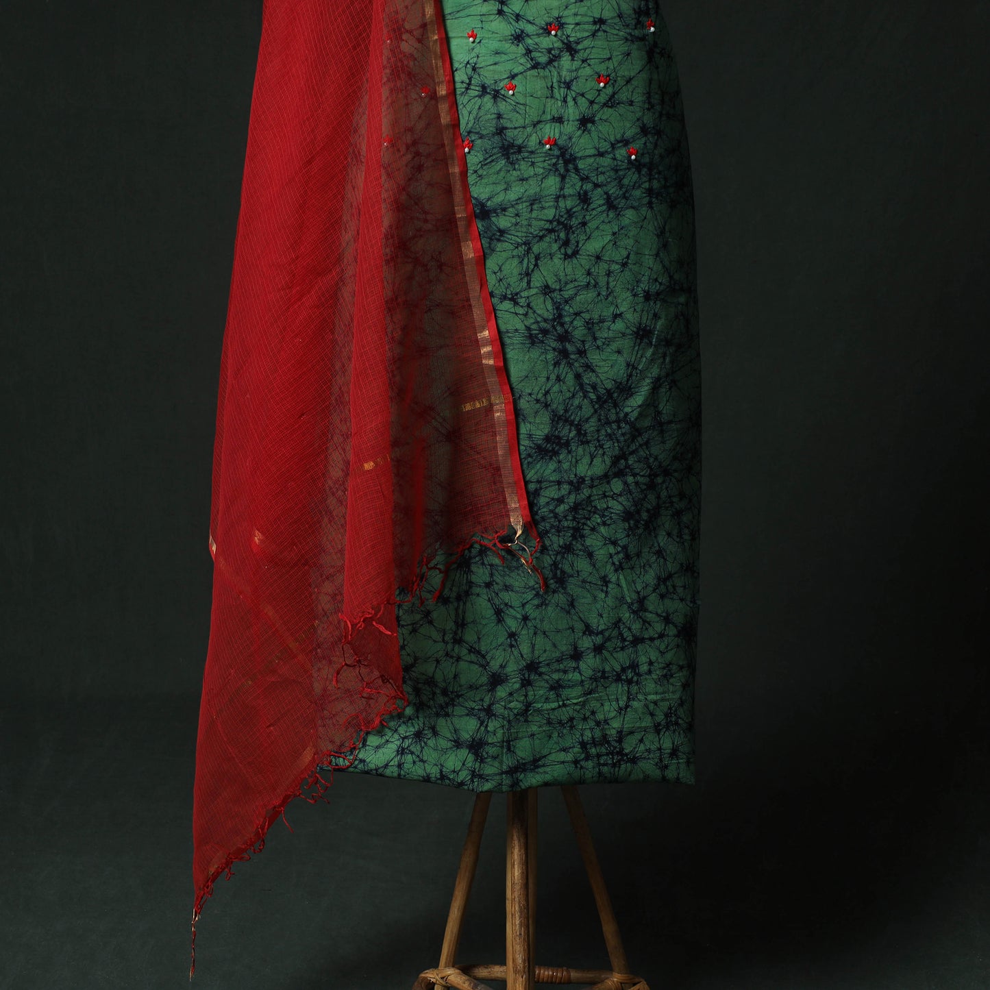 Green - Hand Embroidered Batik Block Print Cotton 2pc Unstitched Dress Material Kurta Set with Jewellery 01