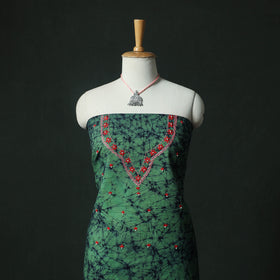 Green - Hand Embroidered Batik Block Print Cotton 2pc Unstitched Dress Material Kurta Set with Jewellery 01