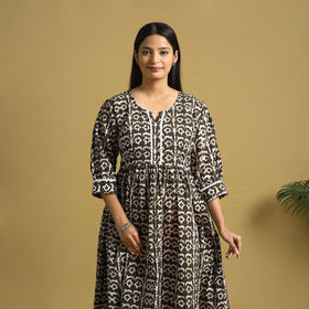 Brown Cotton Flared Hand Batik Print Dress