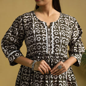 Brown Cotton Flared Hand Batik Print Dress