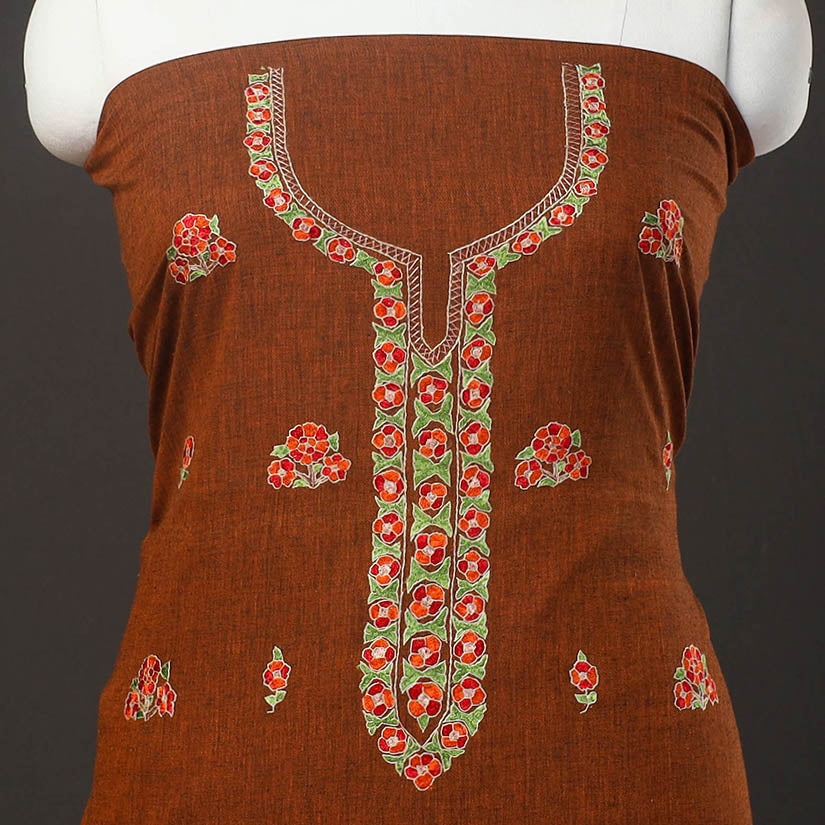 Brown - Kashida Hand Embroidery Cotton Kurta Material (2.5m) 37