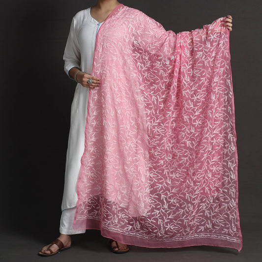 Pink - Lucknow Chikankari Tepchi Embroidery Georgette Dupatta