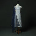 Blue - Hand Embroidered Batik Block Print Cotton 2pc Unstitched Dress Material Kurta Set with Jewellery 02