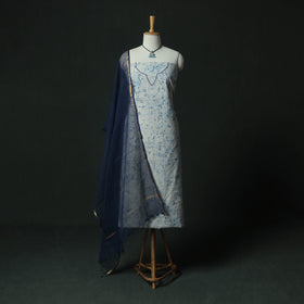 Blue - Hand Embroidered Batik Block Print Cotton 2pc Unstitched Dress Material Kurta Set with Jewellery 02