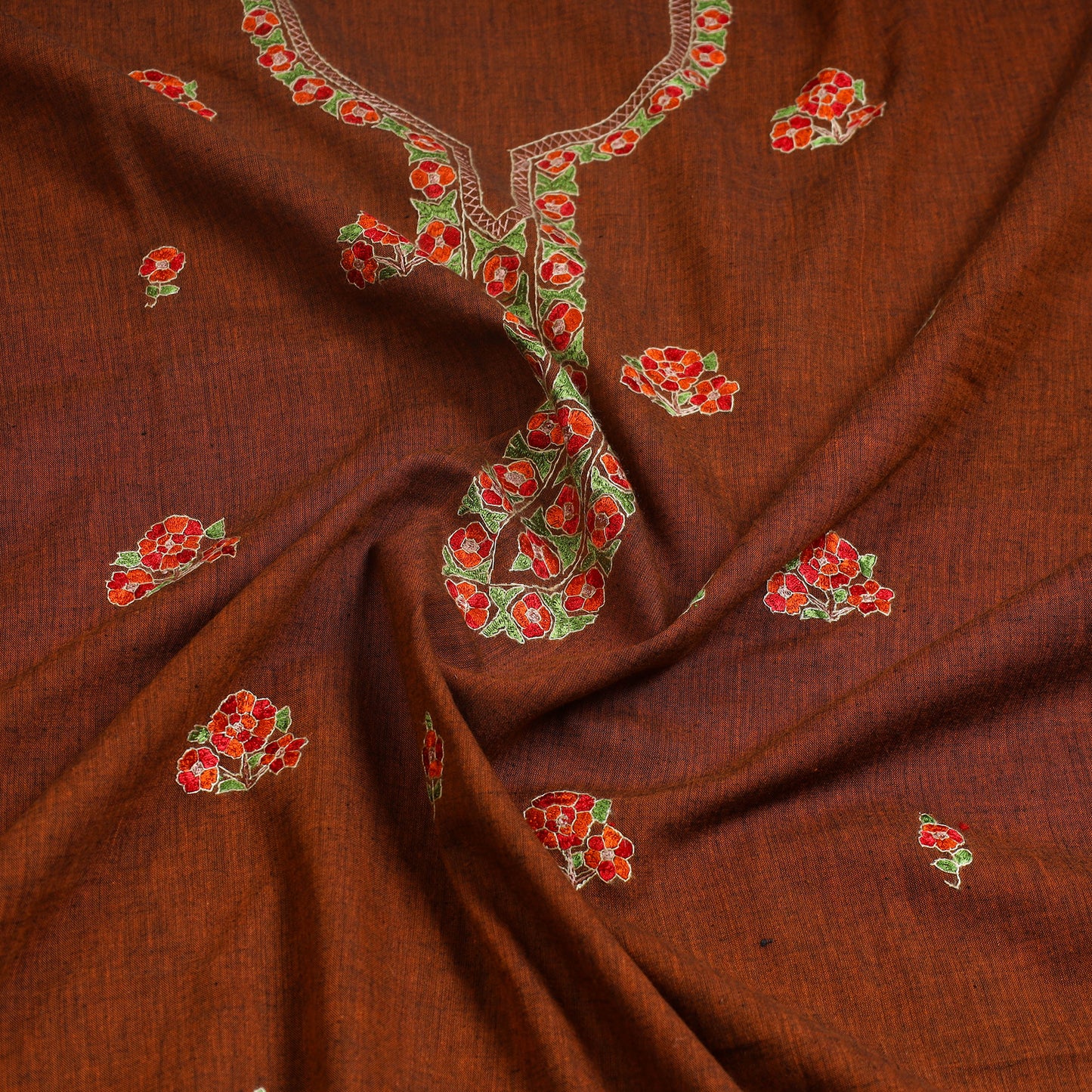 Brown - Kashida Hand Embroidery Cotton Kurta Material (2.5m) 37