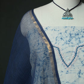 Blue - Hand Embroidered Batik Block Print Cotton 2pc Unstitched Dress Material Kurta Set with Jewellery 02