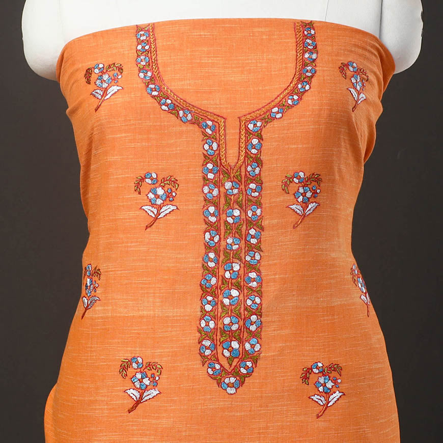 Orange - Kashida Hand Embroidery Cotton Kurta Material (2.5m) 38