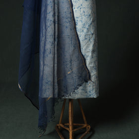 Blue - Hand Embroidered Batik Block Print Cotton 2pc Unstitched Dress Material Kurta Set with Jewellery 02