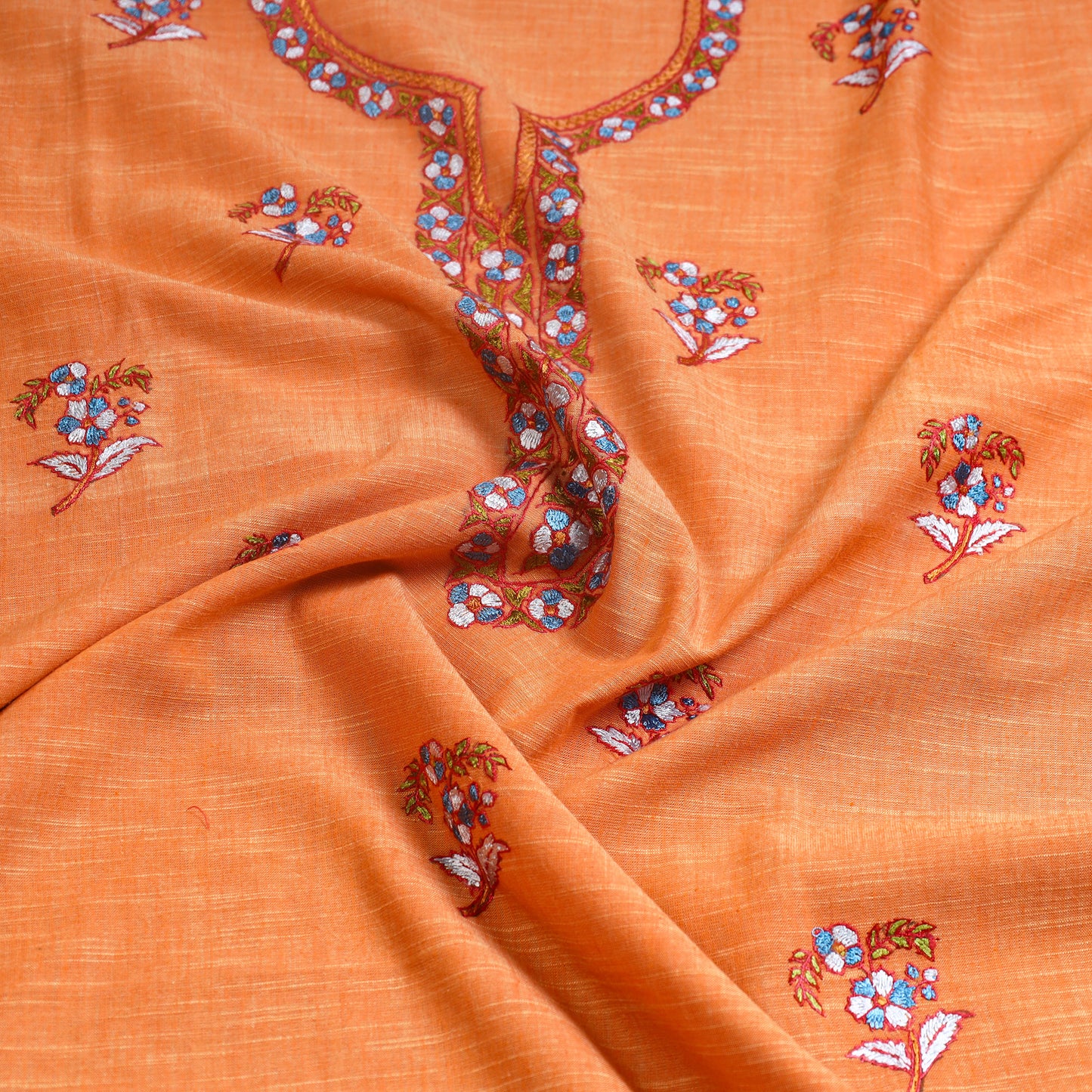 Orange - Kashida Hand Embroidery Cotton Kurta Material (2.5m) 38