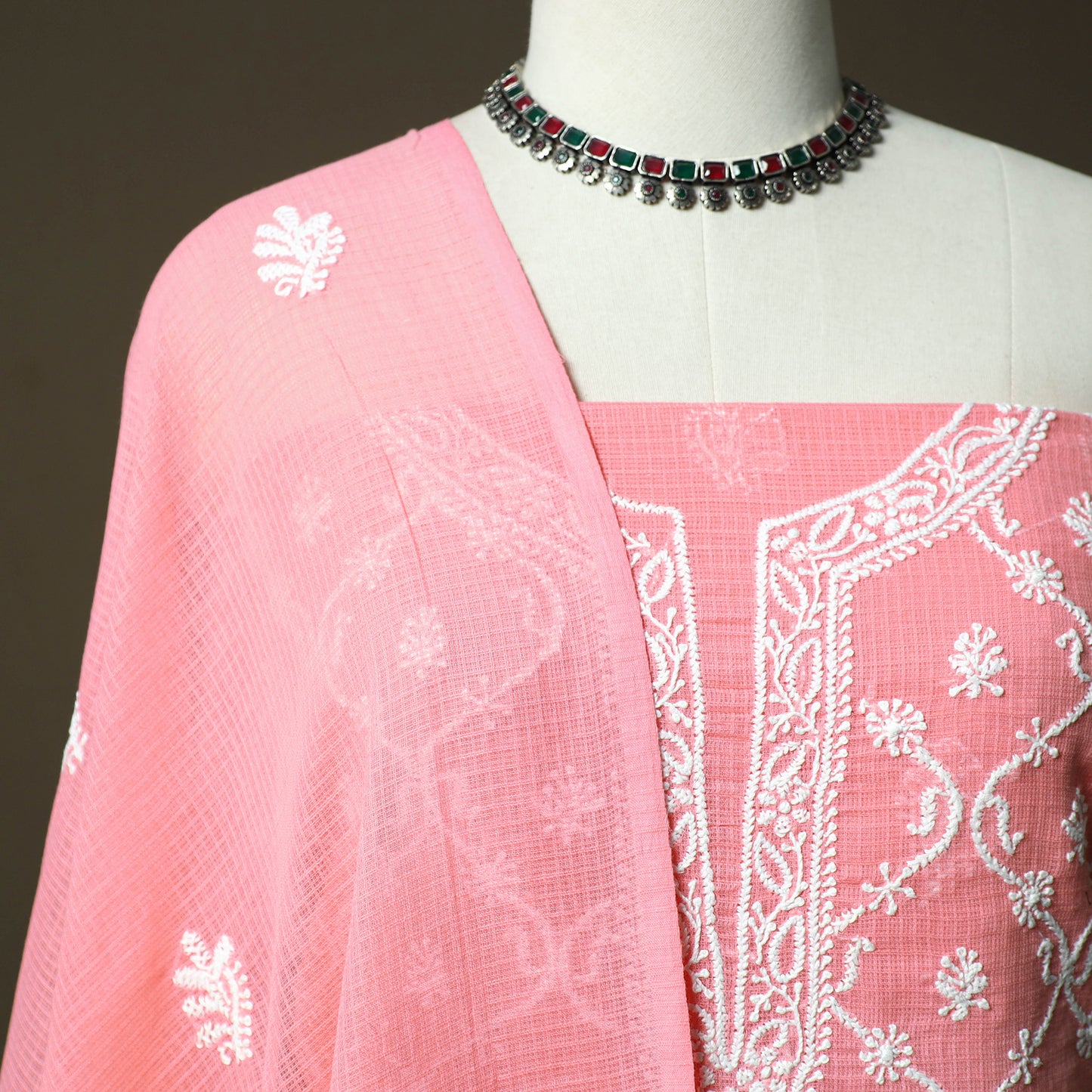 Lucknowi Hand Embroidered Kota Doria Cotton Chikankari 2pc Unstitched Dress Material 133