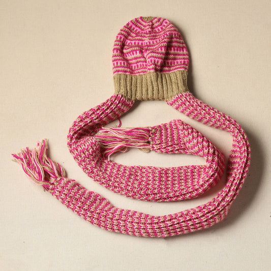 Pink - Kumaun Hand Knitted Woolen Muffler Cap 80