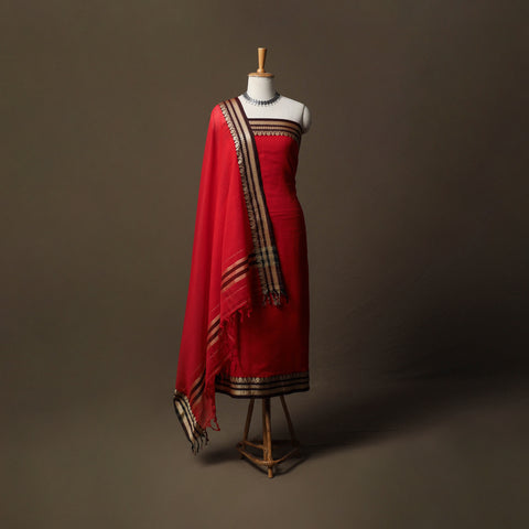 Red - Dharwad Mercerised Cotton 3pc Unstitched Dress Material Suit Set with Woven Border 30