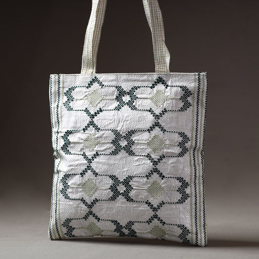 White - Taat Wool Thread Embroidery Upcycled Shoulder Bag