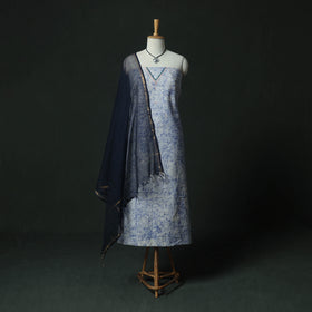 Blue - Hand Embroidered Batik Block Print Cotton 2pc Unstitched Dress Material Kurta Set with Jewellery 05