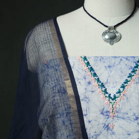 Blue - Hand Embroidered Batik Block Print Cotton 2pc Unstitched Dress Material Kurta Set with Jewellery 05