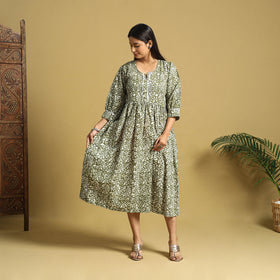 Green Cotton Flared Hand Batik Print Dress