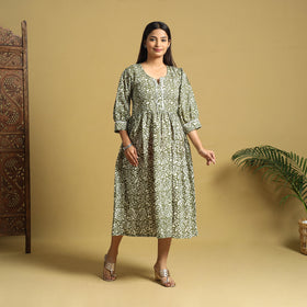 Green Cotton Flared Hand Batik Print Dress
