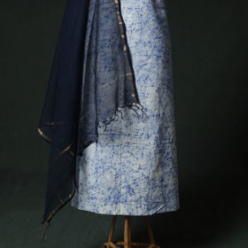 Blue - Hand Embroidered Batik Block Print Cotton 2pc Unstitched Dress Material Kurta Set with Jewellery 05